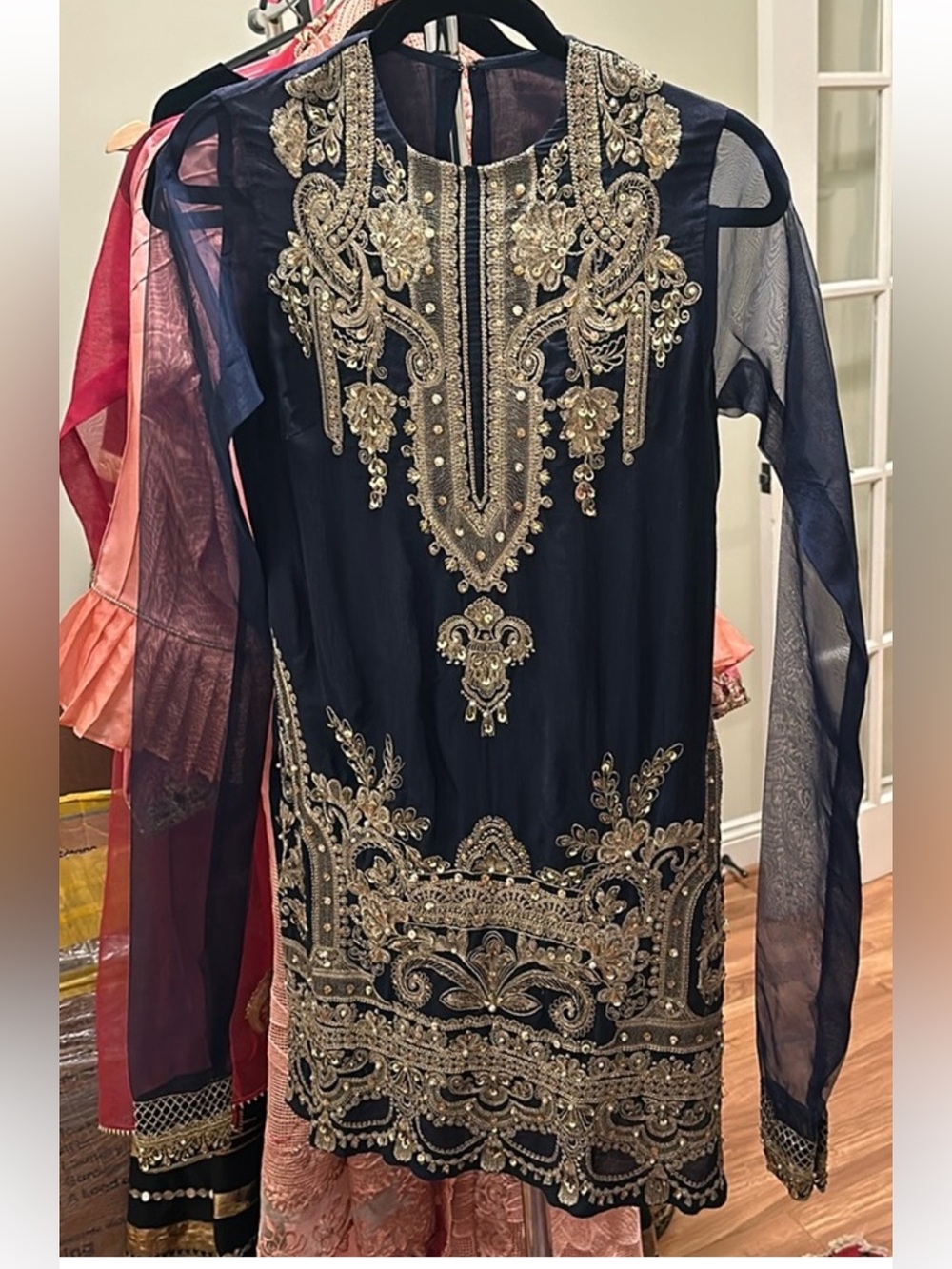 Embellished Navy Women’s kameez and gharara with Gold Embroidery